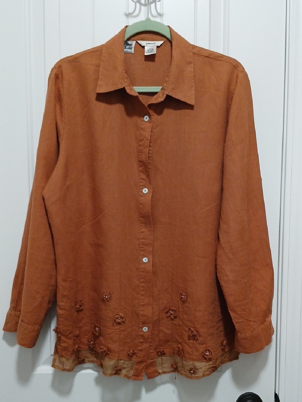 IRISH LINEN Embroidered Rust color Button-Down Shirt With Beaded Detailing